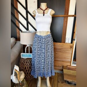 Title: Custom Handmade Blue Skirt with White Floral Design, Size Medium
